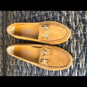BOEMOS tan suede loafers size 7. Gold hardware.